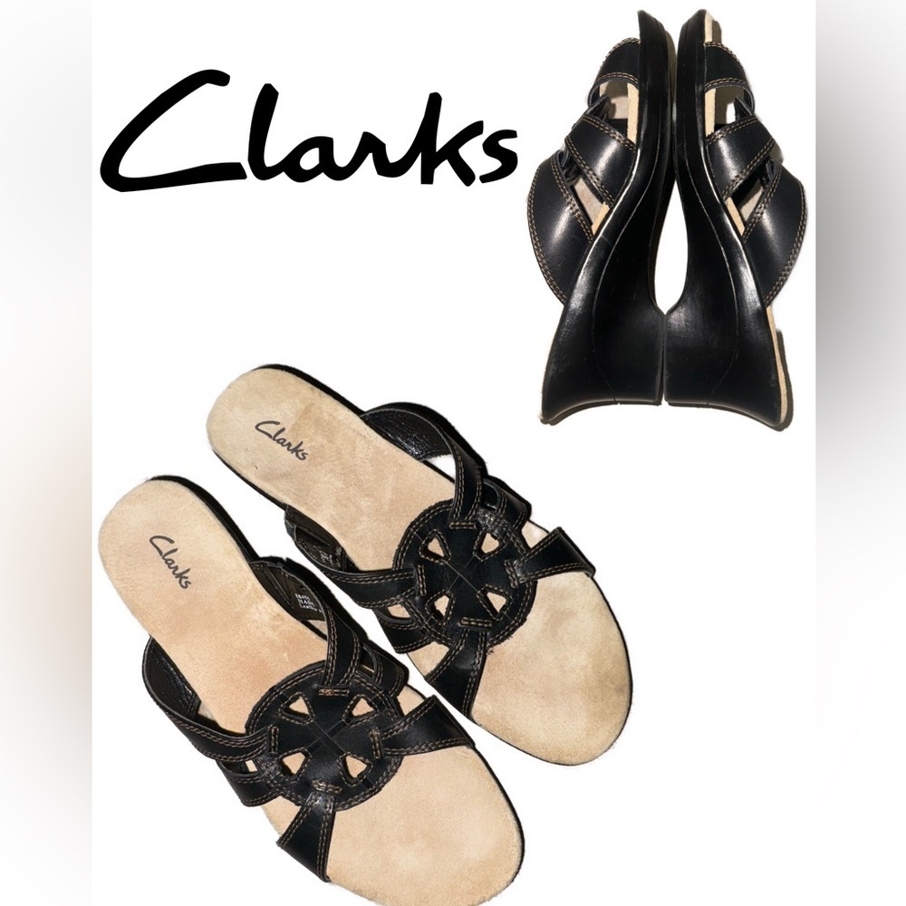 Clarks Black Leather Comfort Slide Sandals Women’s Size 7M beach shoes